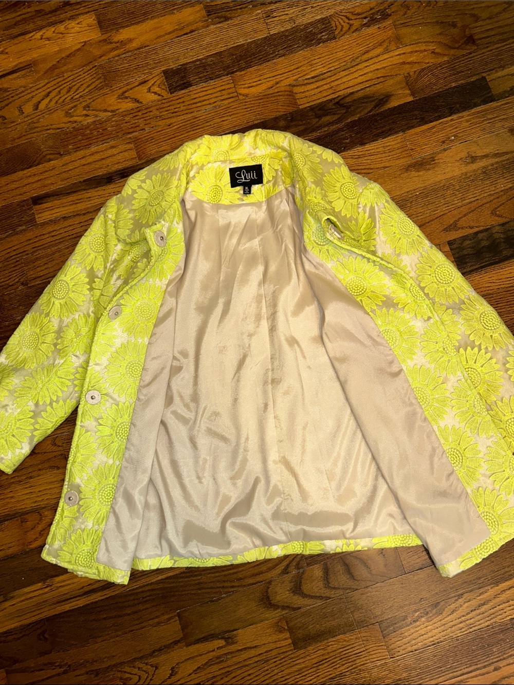 Luii Neon Yellow Floral Brocade Pea Coat - Picture 14 of 16